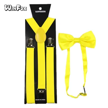

Winfox Fashion Yellow 2.5cm Wide Suspenders Bowtie Men Women Braces Elastic Suspenders Bow Tie Set