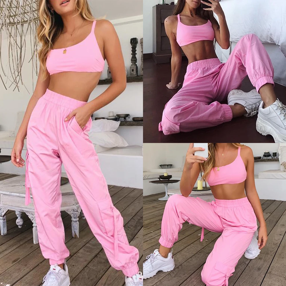 

2019 Women's Tracksuits Yoga Suit Running Sets Pink Sportswear Gym Pants Crop Tops Loose High Waist Fitness Clothing Workout
