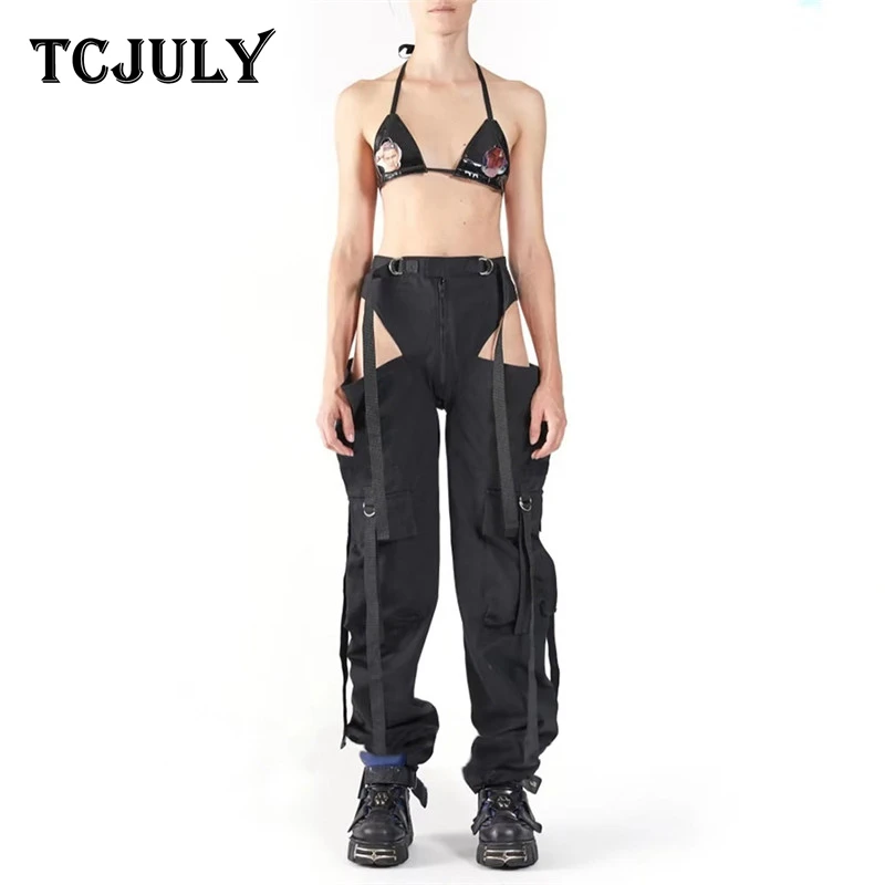 TCJULY новый дизайн стильные штаны в стиле хип хоп женские открытые черные брюки с