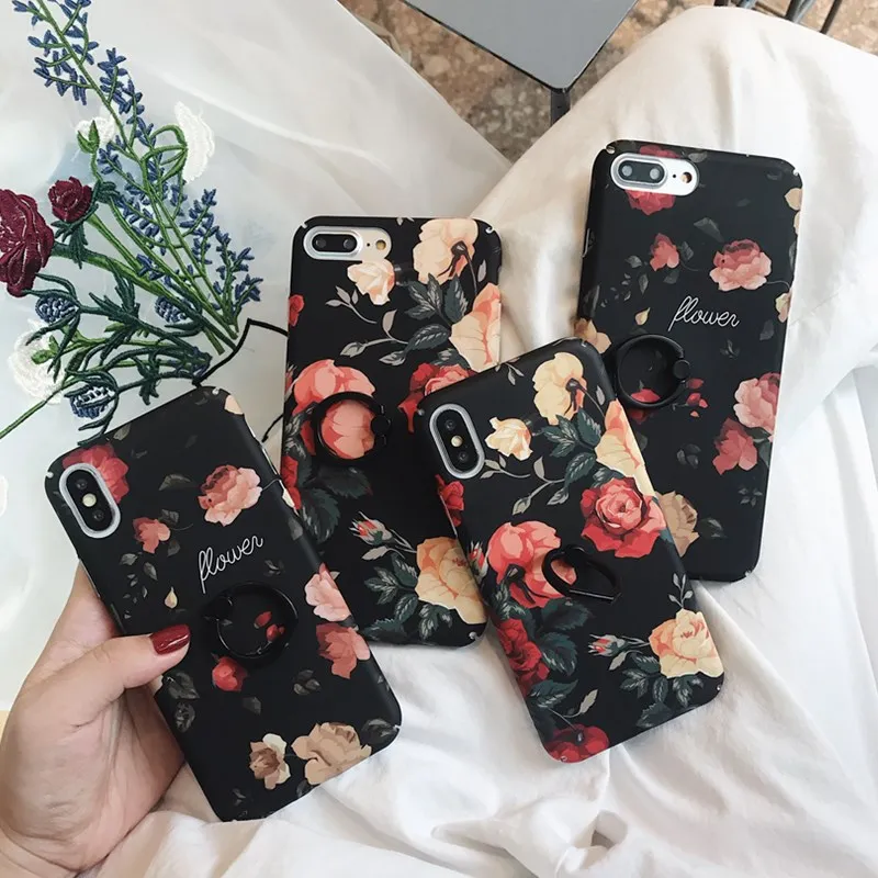 

Plastic Retro Flower Hard Case for iphone 6 6S 7 7Plus Hard Hipster 8 8Plus X XR XSMax Incidental ring buckle Phone Cover Case