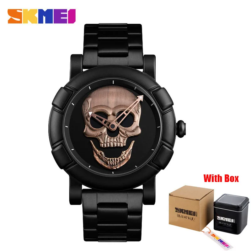 SKMEI Skull часы мужские часы люксовый бренд кварцевые часы спортивные водонепроницаемые из нержавеющей стали мужские Wristatch Reloj военные часы 9178 - Цвет: Rose Gold With box