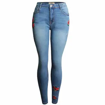 

plus size 26-32!2018 spring fashion Stretch Embroidered flowers Jeans Women Elastic skinny Jeans Pencil Denim Pants