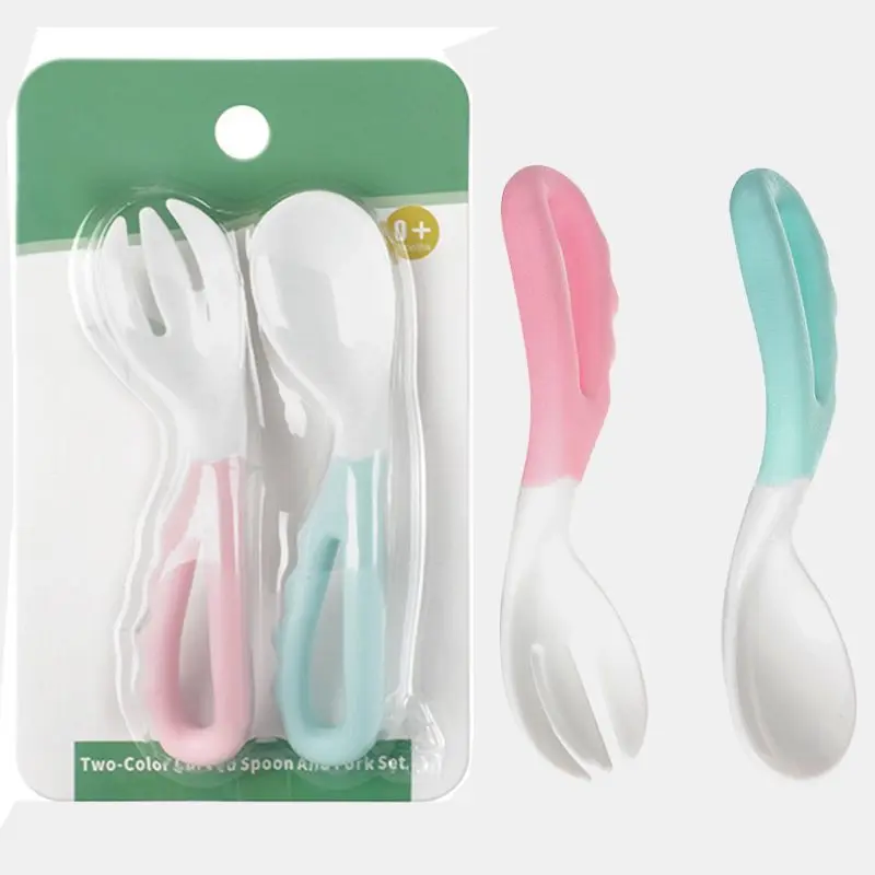 

Baby Pacifier Feeding Spoon Fork Curved Anti Slip Handle Children Eating Training Tableware Accessory