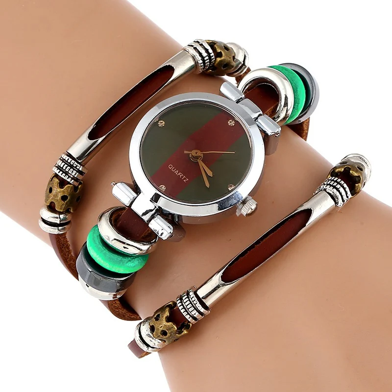 

NEW Genuine Leather Watch Women Triple Bracelet Wristwatch Italian Style Green Coffe Stripes Fashion Reloj Para Dama