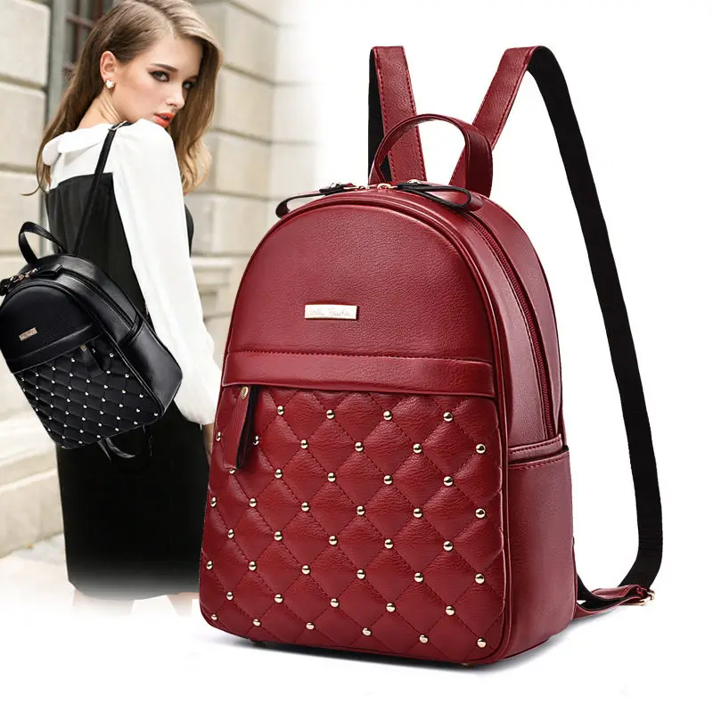 

PU Leather Backpack Lady Plaid Daypack Shopping Bag Women Multifunction Casual Travel Rucksack Black Red