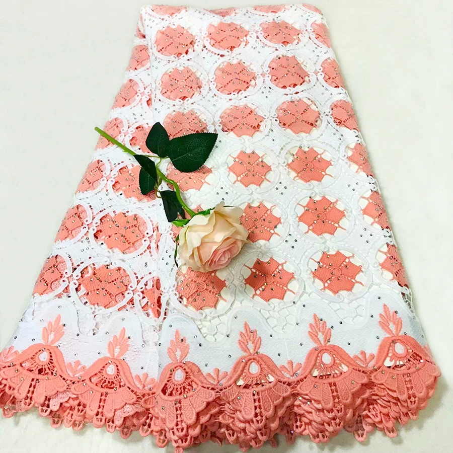 

2019 Latest Style White+Peach color water soluble lace fabric High Quality Beautiful African Guipure lace fabric with stones