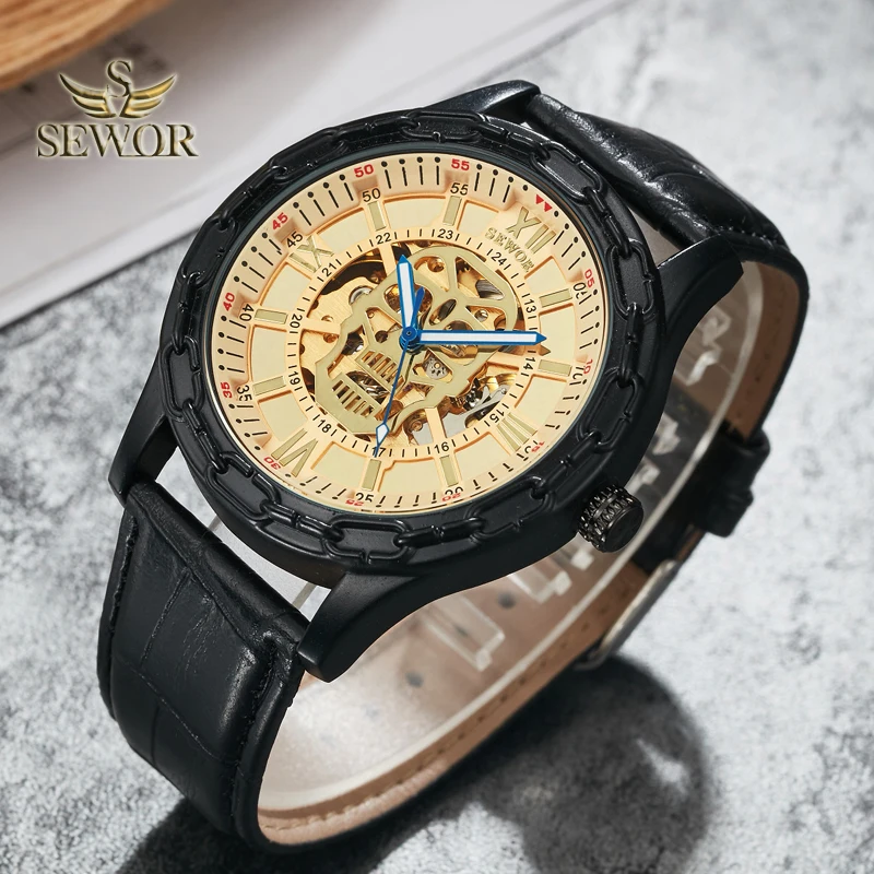 

SEWOR Luxury Brand Mens Fashion Skull Skeleton Logo Stopwatch Hollow mechanical Automatic Watch Men Sport Watch gift GLOD C364