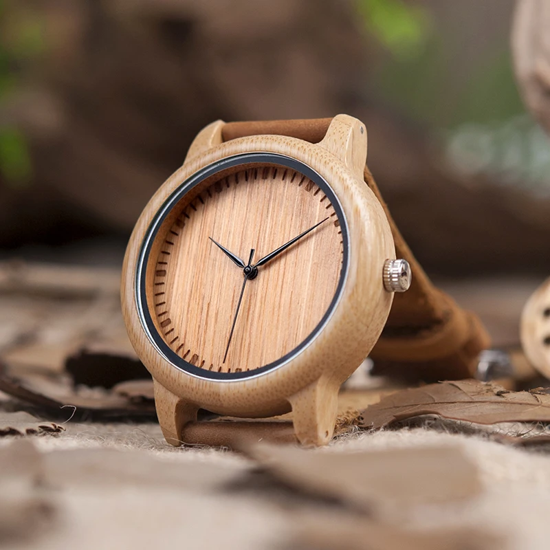 BOBO BIRD Simple Men Bamboo Watches 43mm Wood Dial with Leather Strap in Gift Box