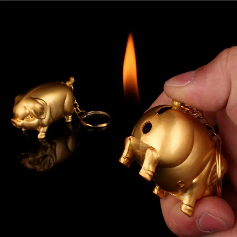 

Mini Creative Inflated Butane Gas Fuel Jet Torch Flame Lighter Metal Pig Model Cigarette Fire Starter With Keychain Ring Collect