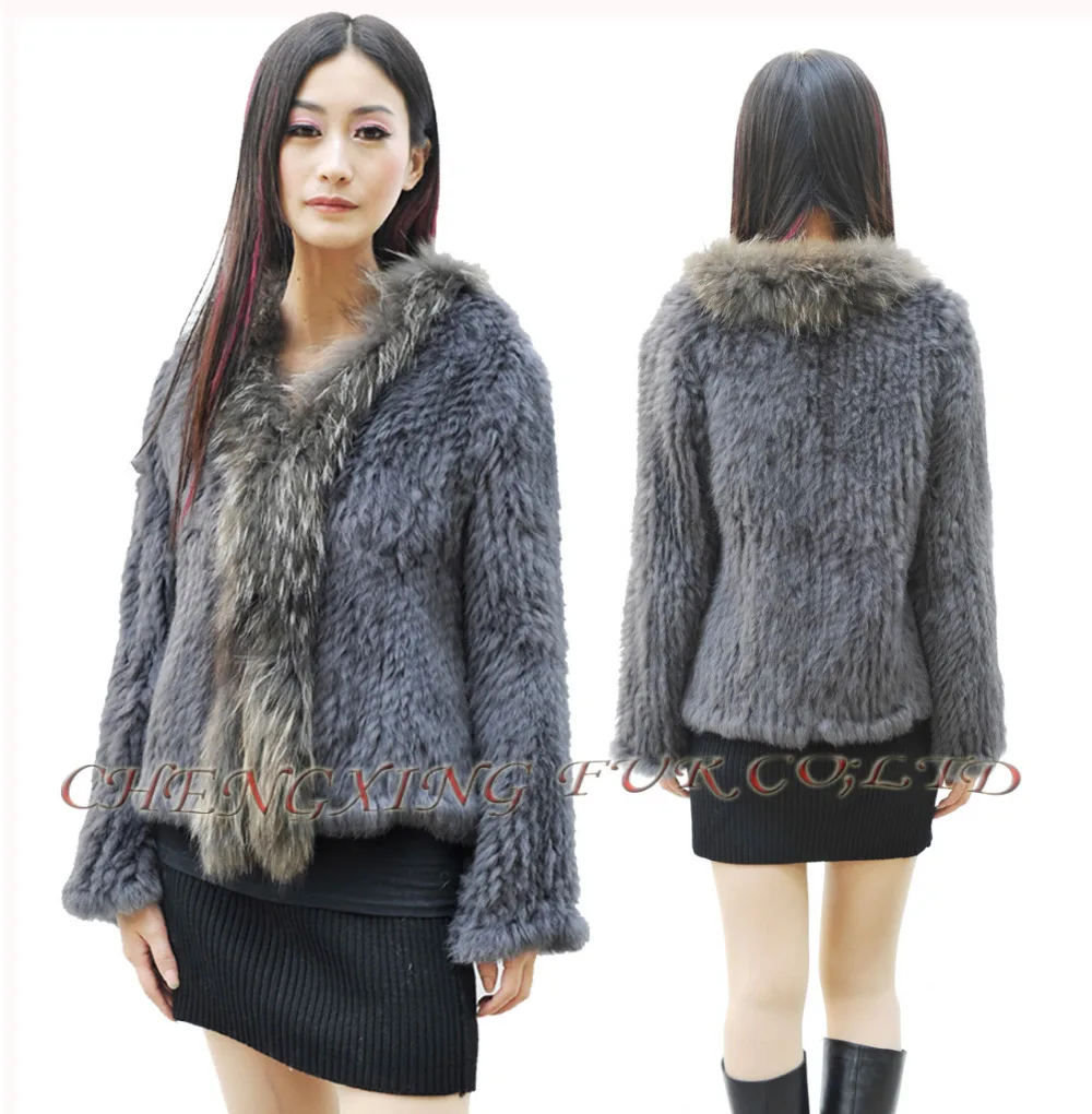 

CX-G-A-95B Hot Saling Ranch Raised Knit Genuine Rabbit Fur Coat With Raccoon Trim Women Winter Jacket