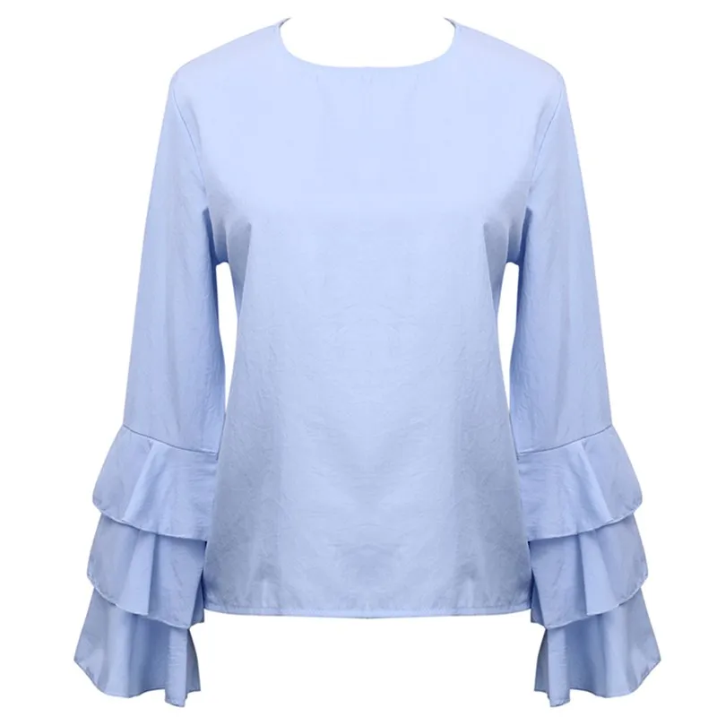 hirigin Hot Fashion women elegant ruffled long sleeve light blue