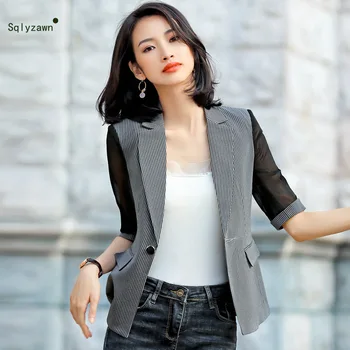 

Women Fashion Business Striped Half Mesh Transparent Sleeve Blazer Office Lady OL Blue Black Slim Jacket Formal Workwear Coat
