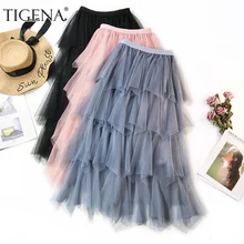 Tigena черная, белая, розовая модная многослойная юбка женская Весна Лето Высокая талия плиссированная элегантная длинная юбка Макси-Тюль Женская