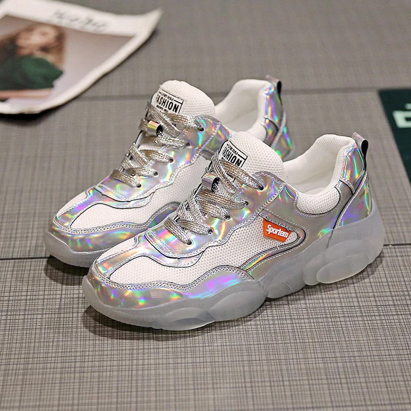 

Fashion Womens Flats Laser Lace Up High Platform Casual Shoes Clear Heels Silver Crystal Transparent Sneakers Women Ladies Shoes