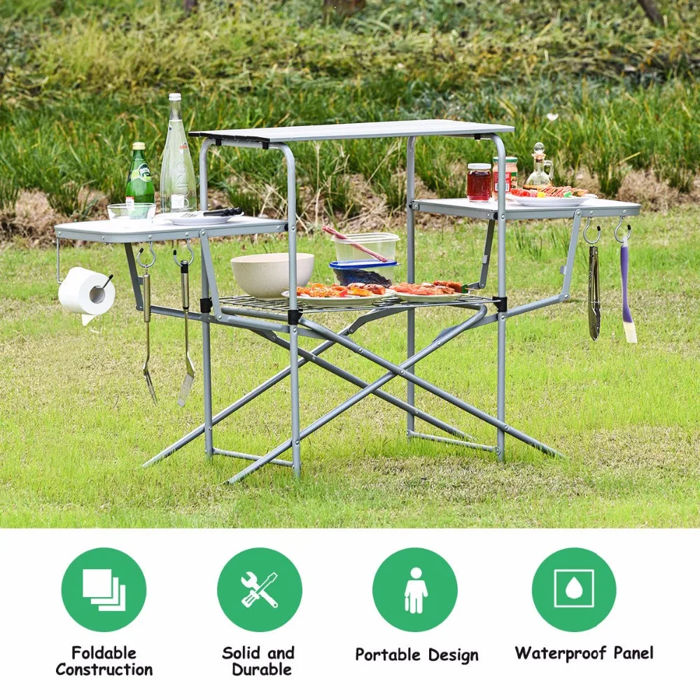 Goplus Foldable Camping Table Outdoor Kitchen Portable Grilling Stand