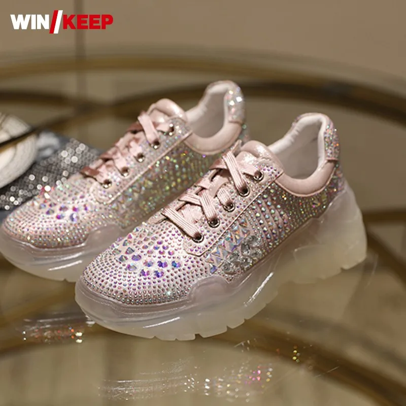 

Fashion Bling Bling Rhinestone Running Shoes Women Light Weight Breathable Reflective Sneakers Cow Leather Lace Up Sport Shoes