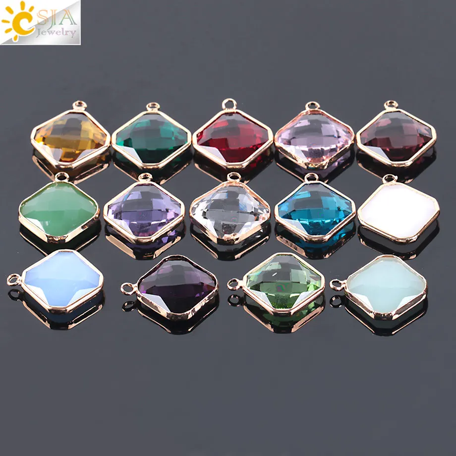 

CSJA 10pc Mixed Color Glass Beads Quadrilateral Single Hole Gold-color 19mm Faceted High Quality Loose Bead for DIY Jewelry E979
