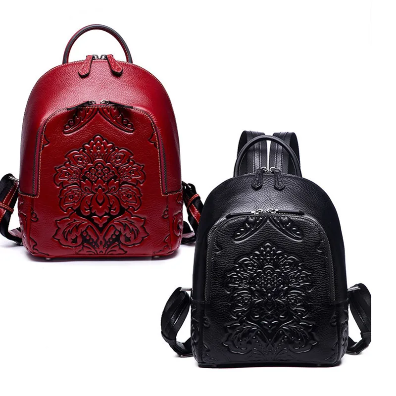 Goedkoop BERAGHINI Merk Echt Lederen Vrouwen Rugzak Vintage Embossing Dagrugzak voor Meisjes Luxe Schooltas Hoge Kwaliteit Reistas