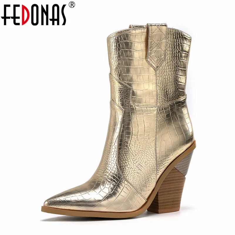 

FEDONAS 2019 Autumn Winter Fashion Mid-calf Boots Sexy Pointed Toe Motorcycle Boots Ladies Half High Boots Party Shoes Woman