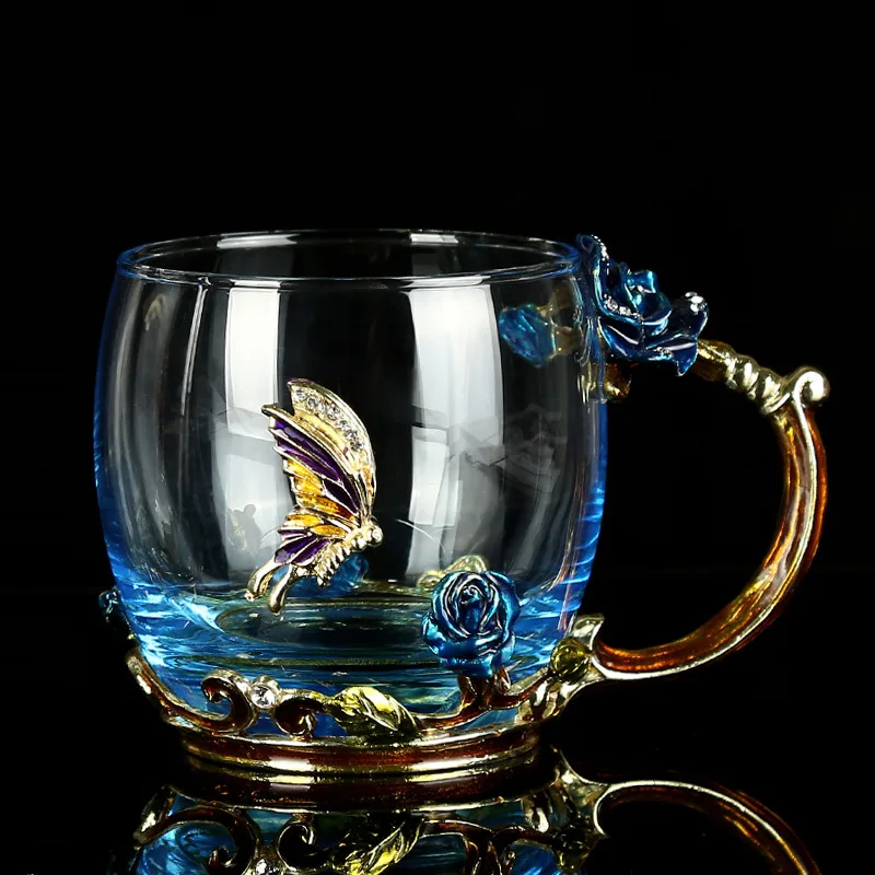Beauty And Novelty Enamel Coffee Cup Mug Flower Tea Glass Cups for Hot and Cold Drinks Spoon Set Perfect Wedding Gift|Другие стаканы| |