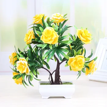 

Simulation Rose potted Plastic Pot Green Plants Decorative Artificial Flowers+Vase Small Pot for Home wedding Christmas garden