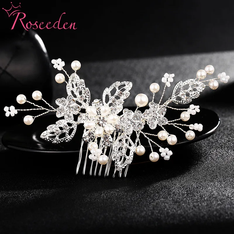 

Gold Silver Flower Bridal Wedding Hair Comb Handmade Rhinestone Headpiece For Brides Side Comb RE3386