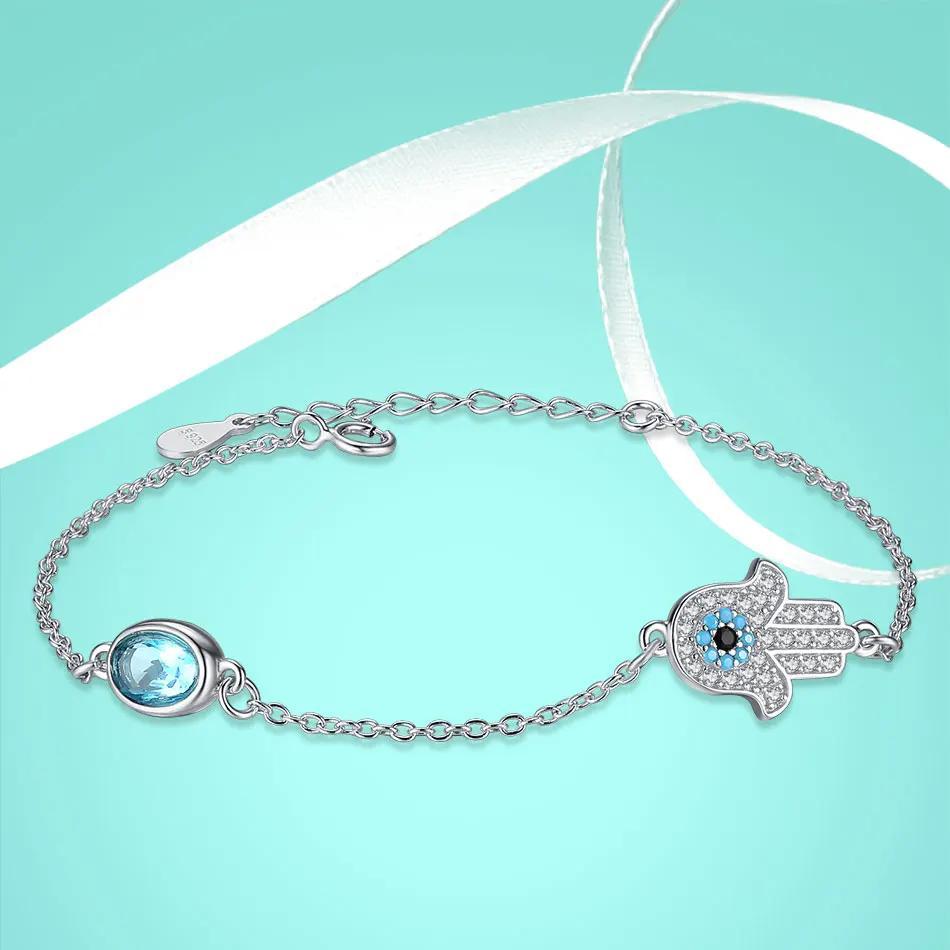 Forewe модные шармы Хамса ручной кристалл браслеты 925 стерлингового серебра синий счастливый глаз горный хрусталь браслет, женская бижутерия