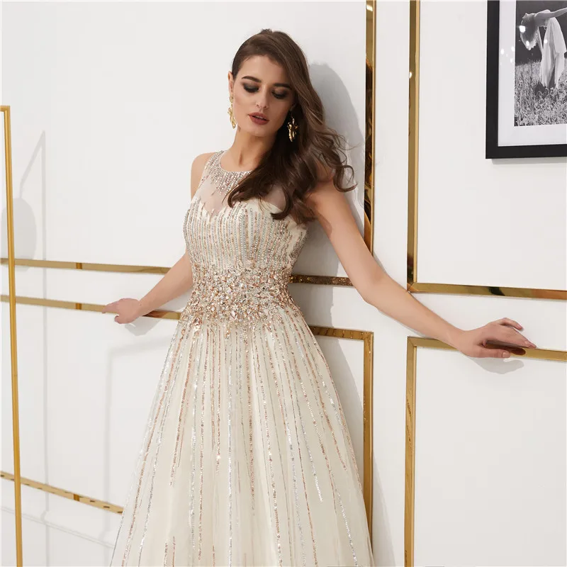 Modabelle легкое длинное платье для выпускного вечера цвета шампанского Vestido Formatura A-Line Тюлевое вечернее платье с пайетками