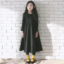 Теплое платье принцессы для девочек-подростков; сезон зима-весна-осень однотонная черная одежда для малышей Детские праздничные платья с длинными рукавами для девочек