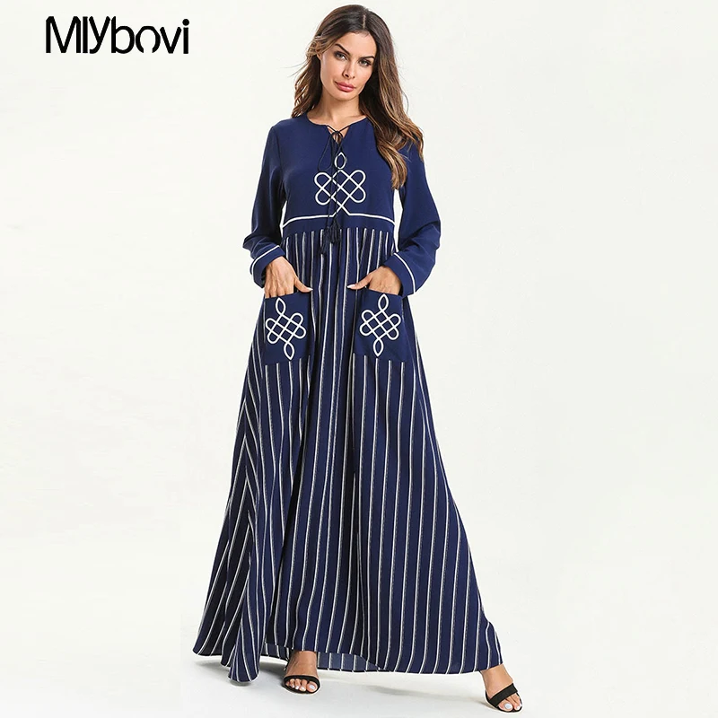 

Blue Fashion adult muslim abaya 2019 Arab Middle East hit color muslim abaya Dresses Robe Ramadan Striped Female dress Patchwork