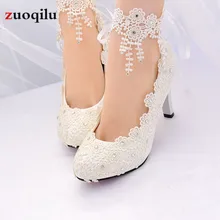 Sapatos de salto alto branco feminino, salto alto com flores e renda para mulheres, sapatos de noiva de 4.5/8 cm tamanho grande