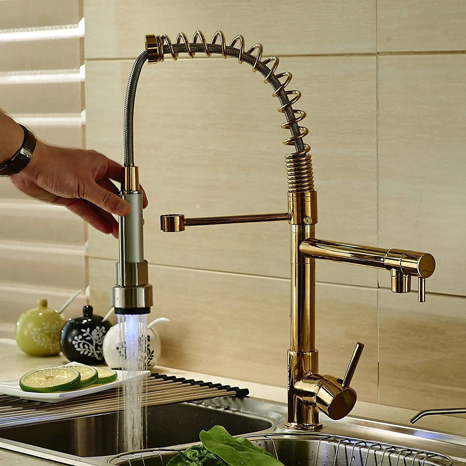 

LED Gold and Brushed Nickel Finish Single Hole Spring Kitchen Sink Faucet LED Light Spray Mixer Tap
