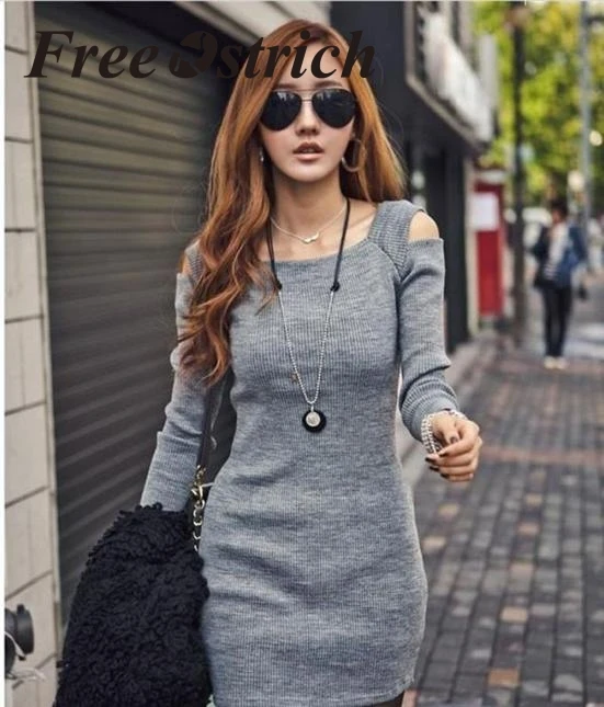 

Free Ostrich 2019 Women Crew Neck Long Sleeve Knit Knitwear Short Mini Dress Black Gray Shoulder Opening Fashion Dress For Lady