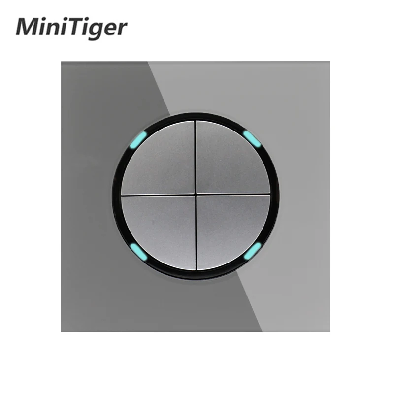 

Minitiger New Arrival Crystal Glass Panel 4 Gang 1 Way Gray Random Click On / Off Wall Light Switch With LED Indicator