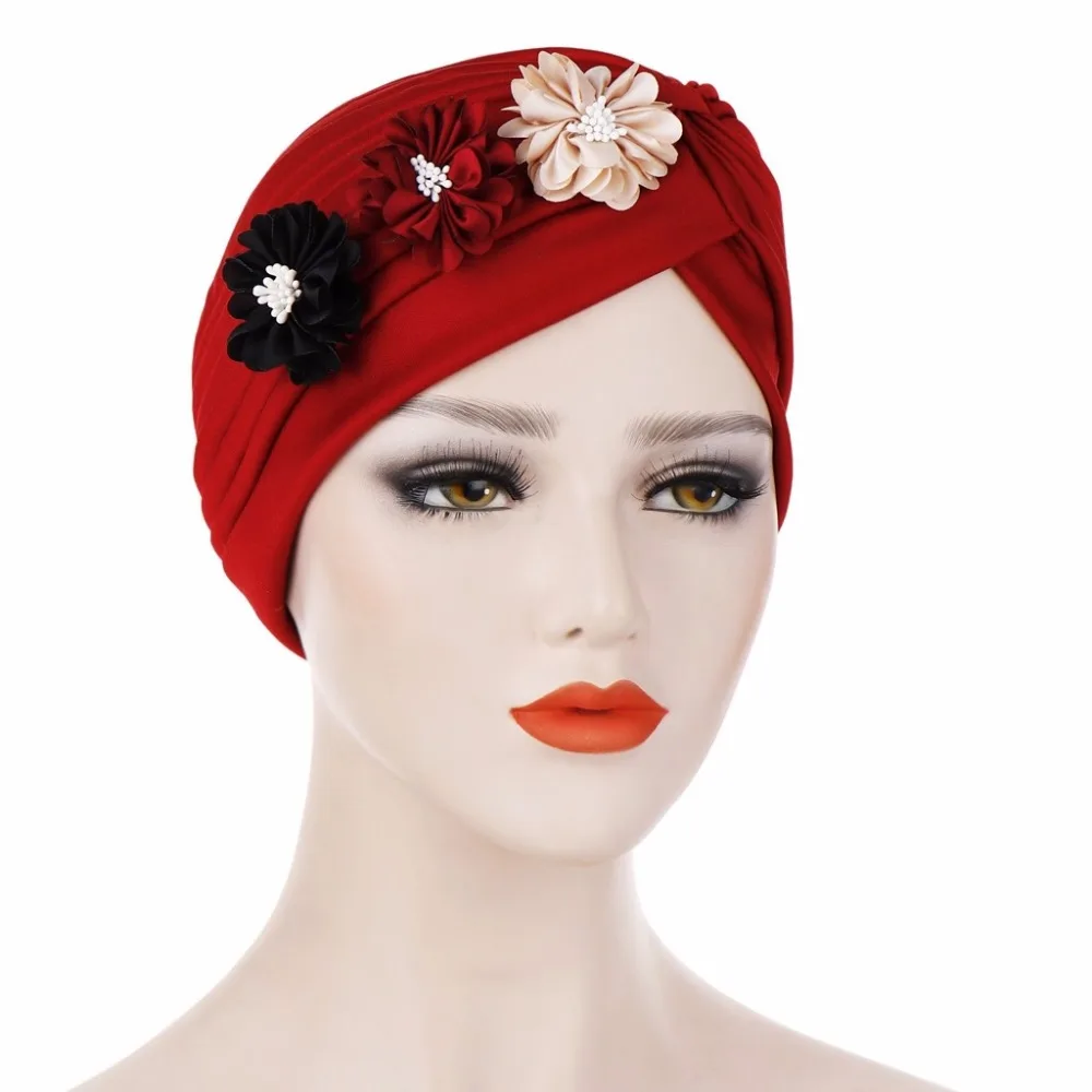 

Fashion Women Chemo Hat Muslim Hat Head Beanie Artificial Flower Skullies Lady India Hat Fashion Cancer Hats for Female 6colors