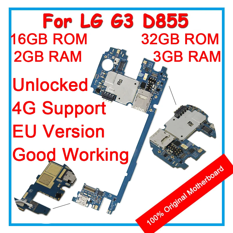 

100% Original Mainboard ForLG G3 D855 32GB 16GB ROM Unlocked Motherboard Logic Board With Chips Android System For Replacement