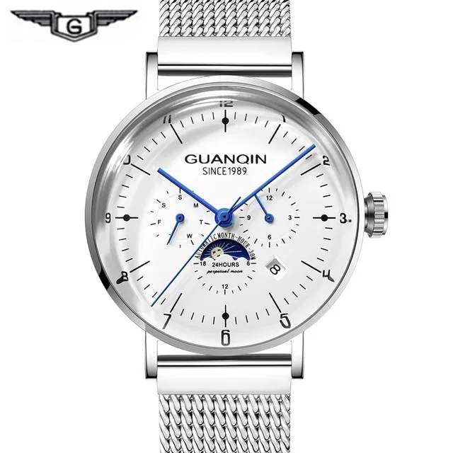 Многофункциональные автоматические мужские часы GUANQIN деловые механические часы с 3 циферблатами Календарь Неделя Луна фаза Миланский ремешок - Цвет: Silver white
