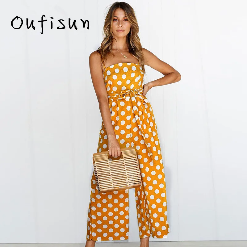Oufisun Polka Dot Strap Jumpsuit Women Rompers Summer Women Strapless Belted Wide Leg Pants Beach Jumpsuit Casual Overalls Femme Jumpsuits and Playsuits