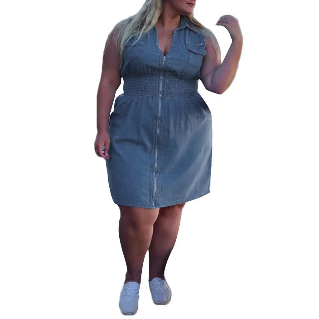 

JAYCOSIN Casual Dress Plus Dress Summer Women's Solid Color Large Size Waist Denim Sleeveless V-Neck Ladies Casual Summer Dress