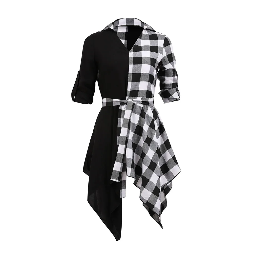 New Womens V-Neck Check Dress Long Sleeve Sashes Loose V Neck Plaid Tops Casual Sexy Mini Dress