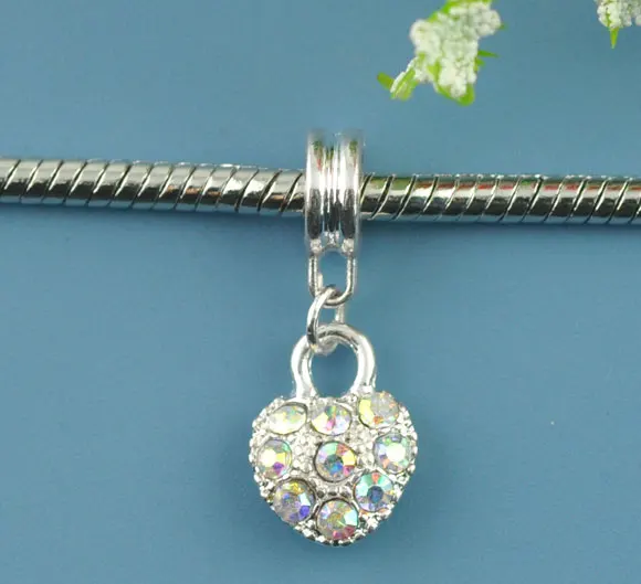 

DoreenBeads European Style Charm Slider Pendants Heart Silver color AB Color Rhinestone Rhinestone 26mmx10mm,1 Piece 2017 new