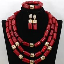 Красный нигерийские Свадебные африканские Бусины коралловый Цепочки и ожерелья Серьги браслет себе комплект ювелирных изделий Новая cnr465