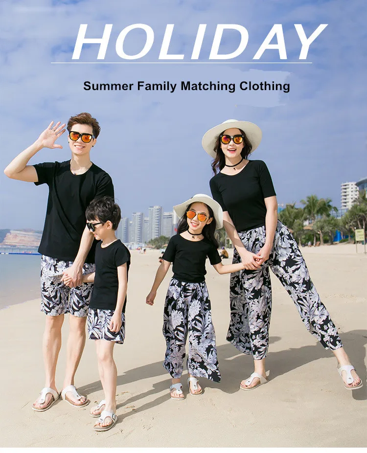 Family matching outfits T shirt father and son short pants mother and daughter loose pants set 01