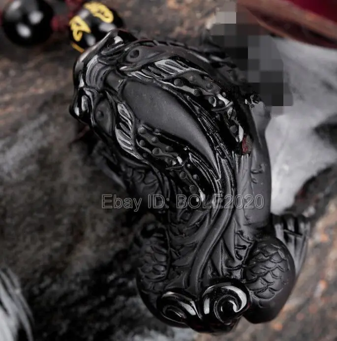 

Natural Black Obsidian Hand Carved Blessing PiXiu Lucky Pendant +Beads Necklace