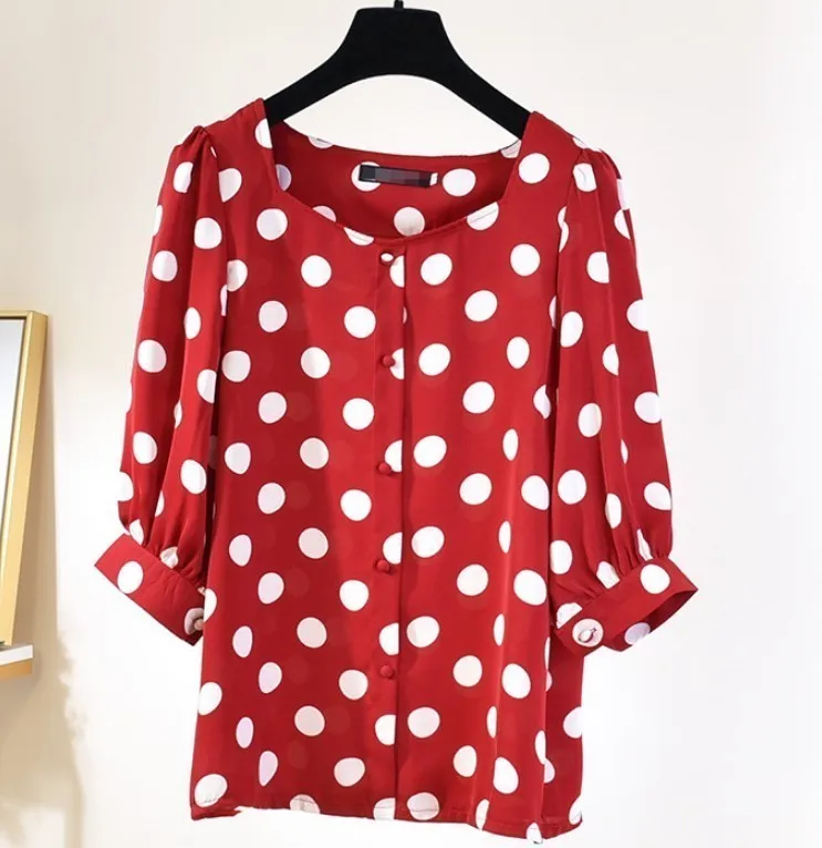 

2019 Summer New Women Short Sleeve Loose Blouses Shirts Polka Dot Sweet Tops Casual Office Shirt Blusas