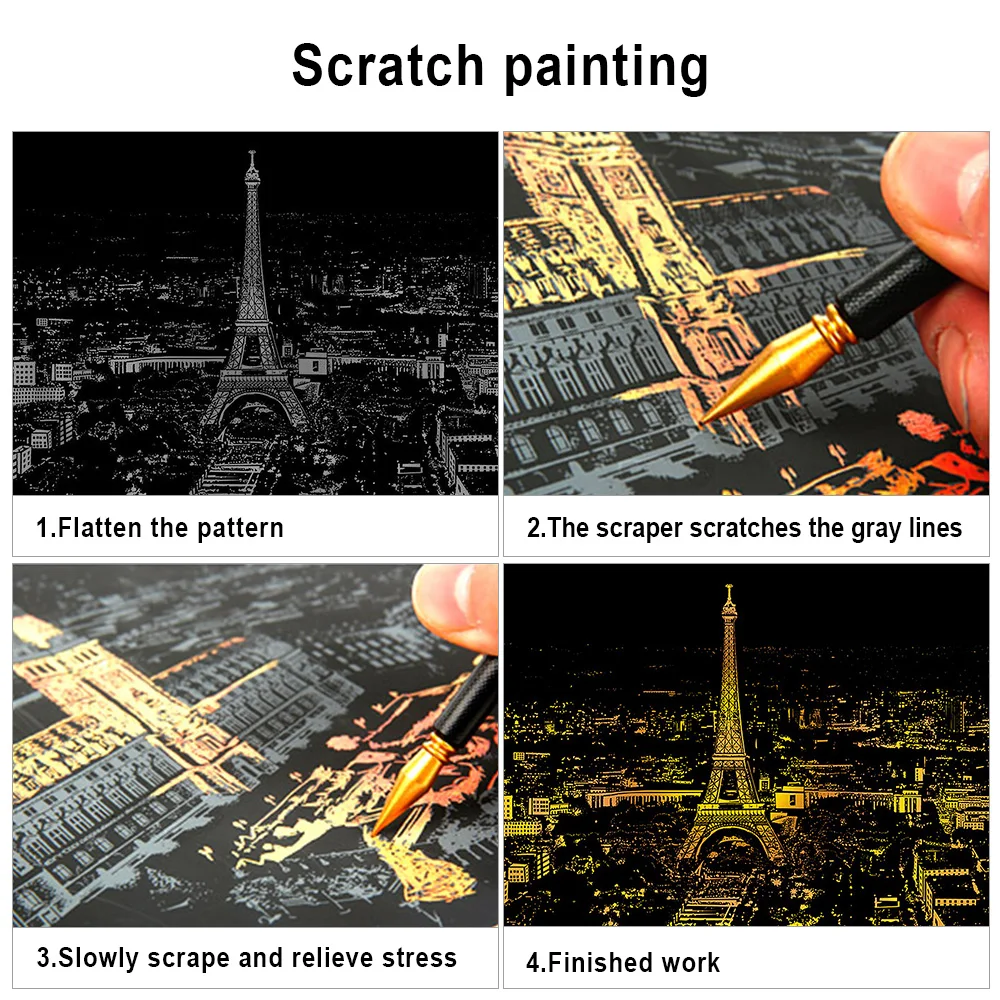Art Scratch Kit Black Engraving Art Scratch Painting Cities Landscape Paris Painting Paper Boards Home Decoration Accessories (4)