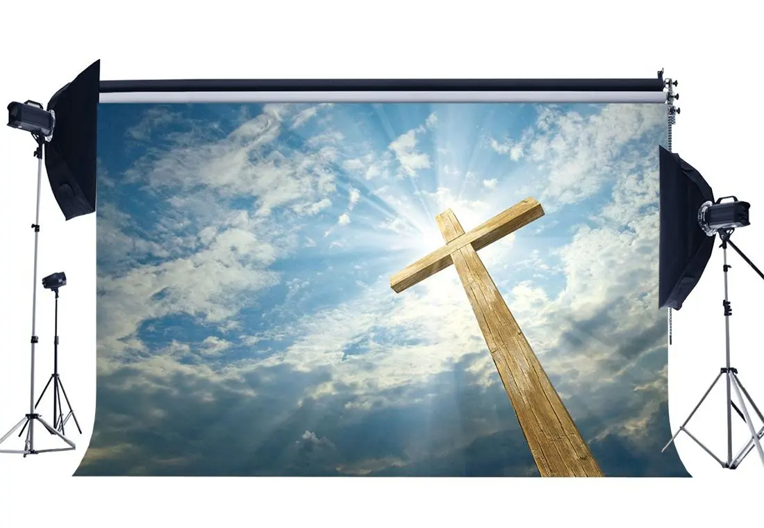 

Wood Cross Backdrop Fairytale Heaven Holy Lights Backdrops Blue Sky White Cloud Resurrection Background