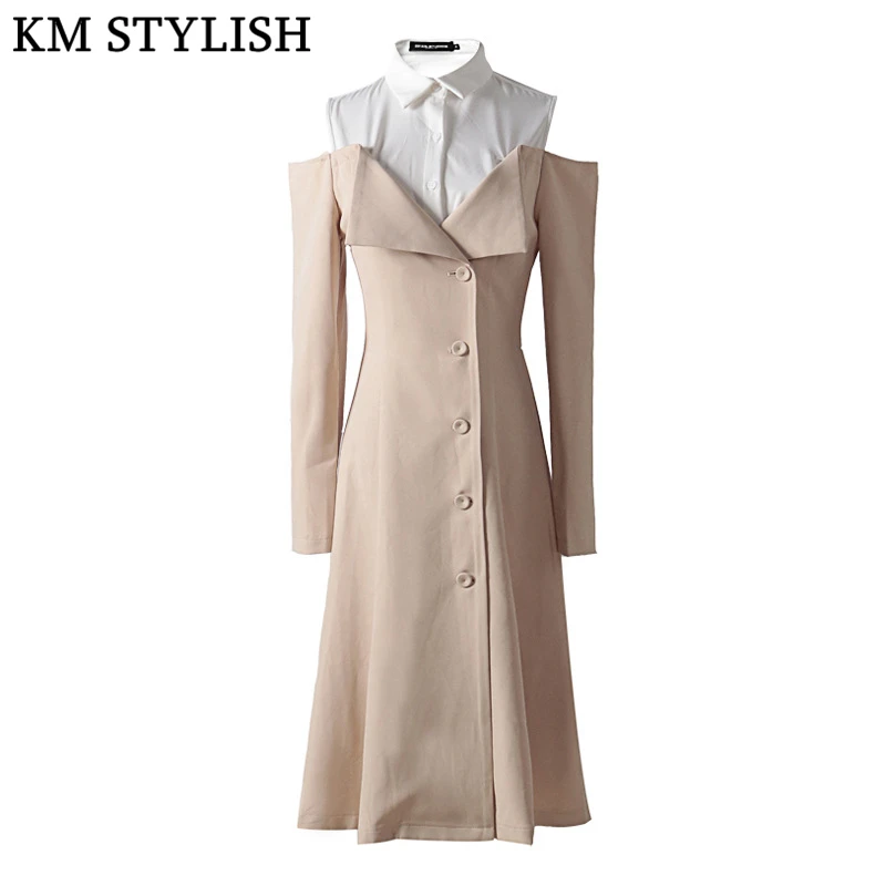 Spring and Autumn New Fairy Midi Dress Off Shoulder Patchwork Lapel Collar Elegant Medium Long 