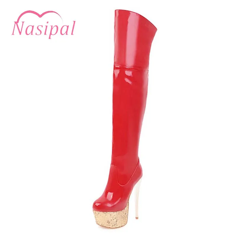 

Nasipal Women's Stiletto Boots Sexy Women's Boots Black Red Patent Leather Shoes Woman Thin High Heels Thigh High Botas Mujer
