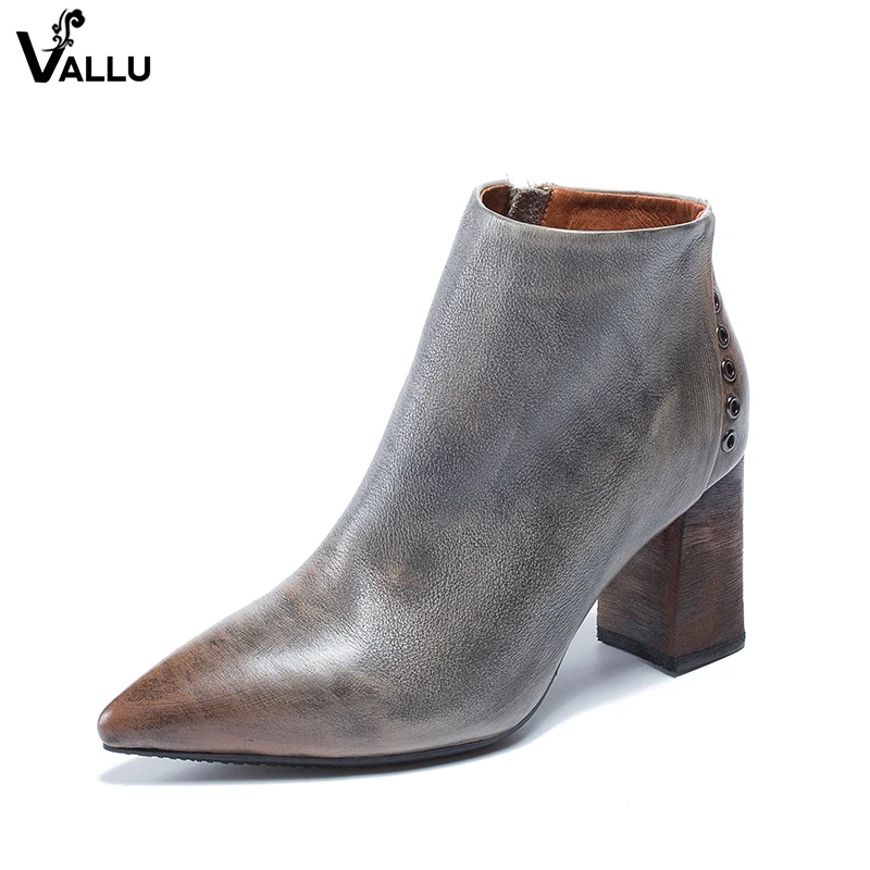 

2018 Natural Cow Leather High Heel Lady Shoes Vintage Design Pointed Toe Women Booties Handmade Female Ankle Boots